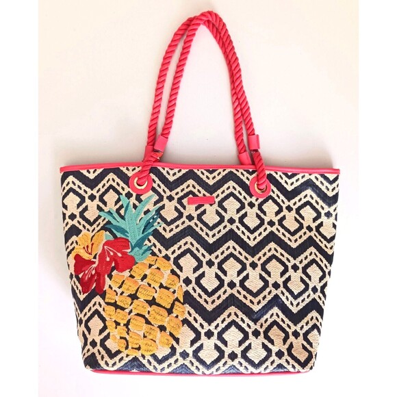 Vera Bradley Lg Straw Beach Tote Navy/ Coral Embroidered Pineapple Rope Straps - Picture 10 of 10
